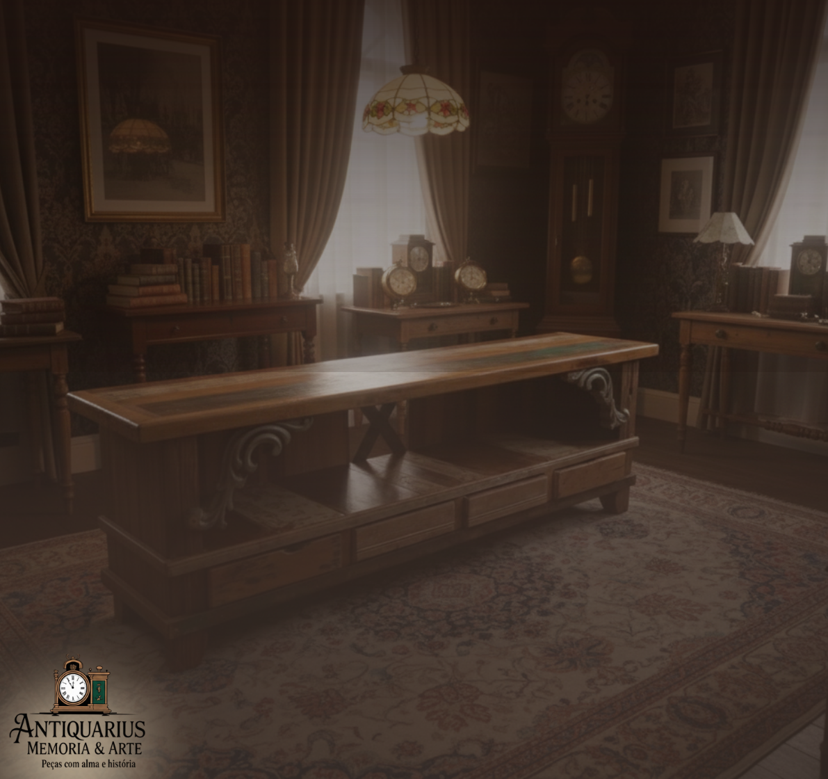 Interior de antiquário com móveis rústicos e iluminação quente
